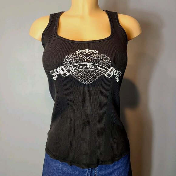 Harley Davidson Womens Black Beaded Heart Sleeveless Tank Top Sz Large Ribbed - Picture 1 of 9